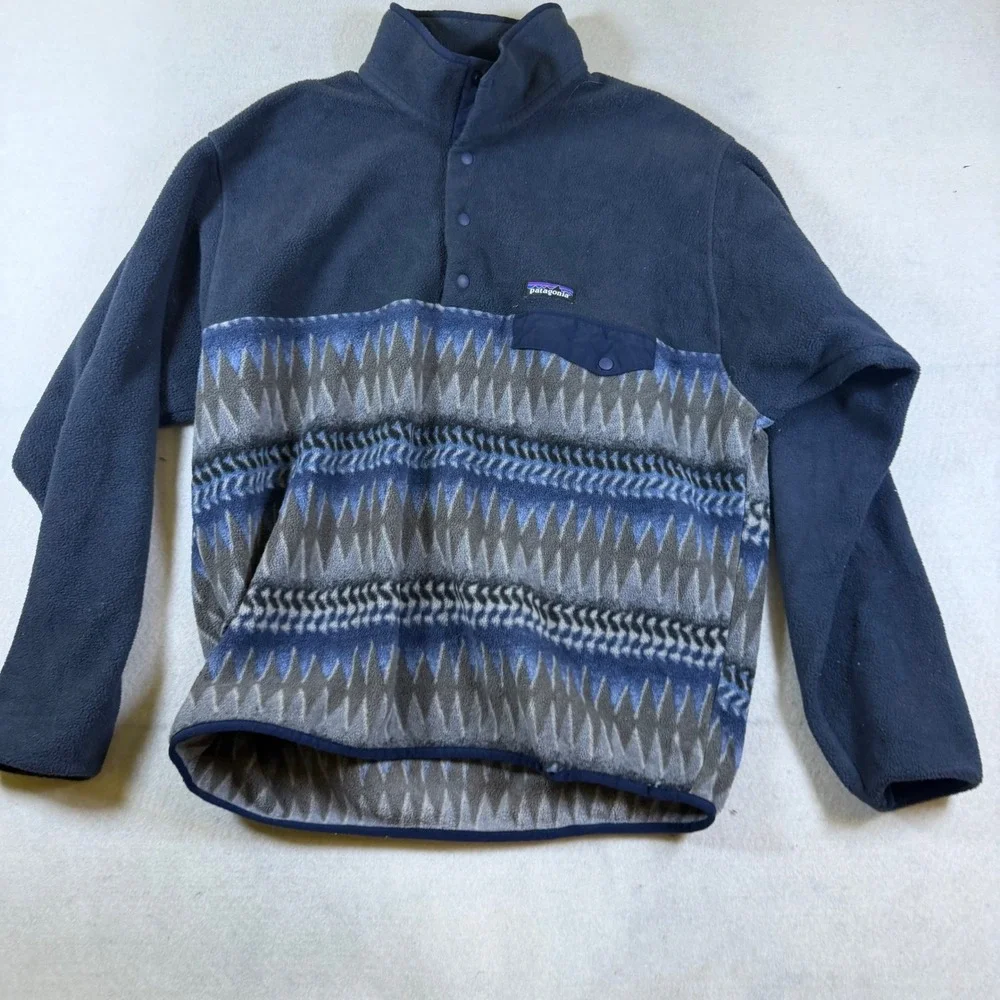 Patagonia Synchilla Snap-T Fleece Pullover Navy Blue Geometric Mens Large